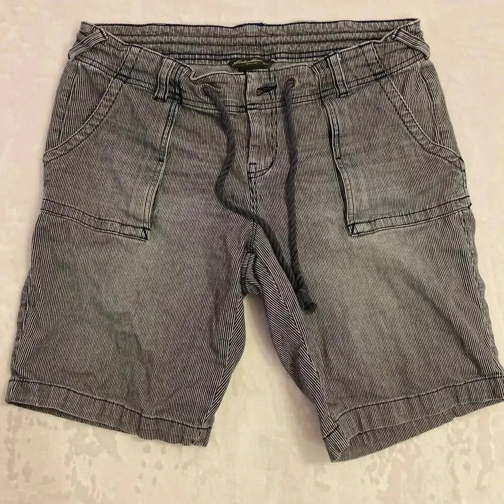 Eddie Bauer‎ Blue White Stripe Shorts size 6 Long Length Rope Belt